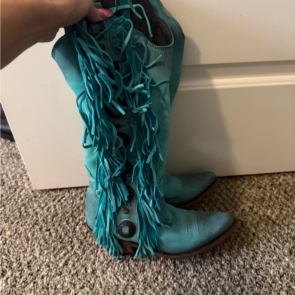 LIBERTY Black Turquoise Heeled Boots with Fringe - Picture 2 of 8